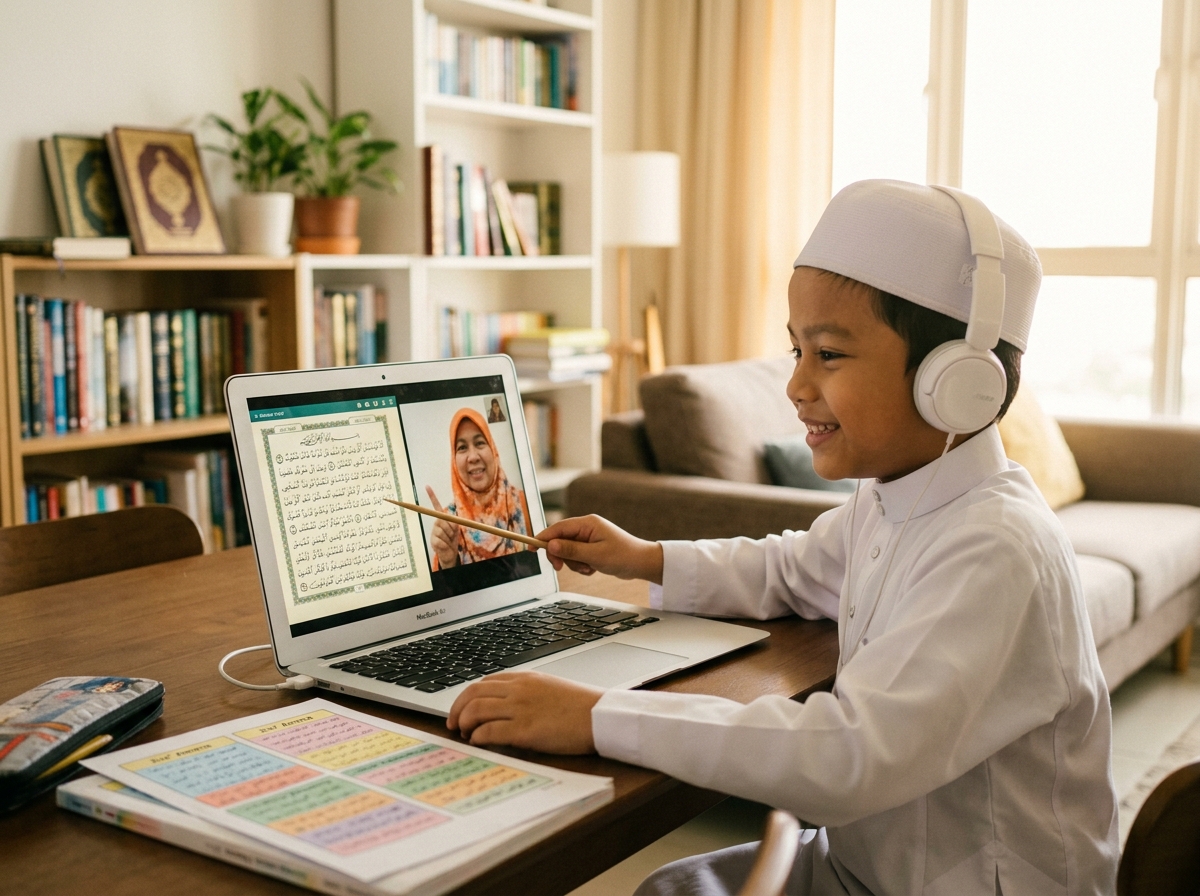 Child happily taking live online Quran class